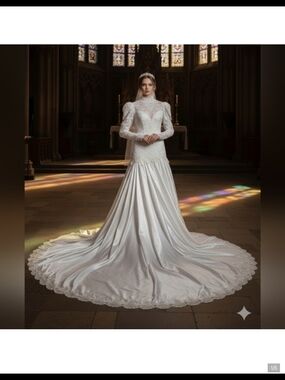 Lace‎ Long-Sleeve Satin Train Wedding Dress - White